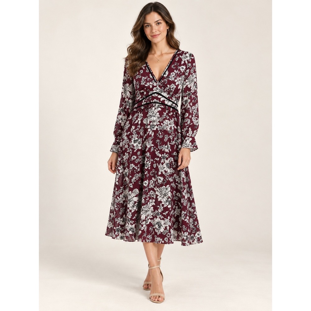 Bardot Jolie Floral Midi Dress Women 10 Burgundy Lattice Trim Cottage Boho Work